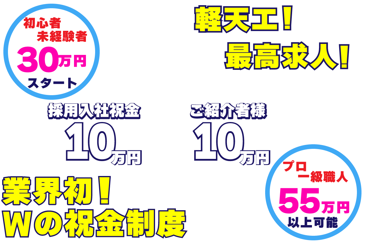 軽天工！最高求人！採用者・紹介者Wの祝金